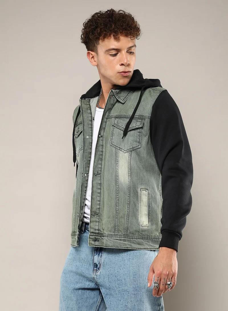 CAHOOT  Men's Grey & Black Light-Wash Denim Jacket With Sweatshirt Sleeve For Casual Wear | Hooded Neck | Long Sleeve | Button Closure | Cotton Jacket Crafted With Comfort Fit For Everyday Wear for Men | Best Price UAE
